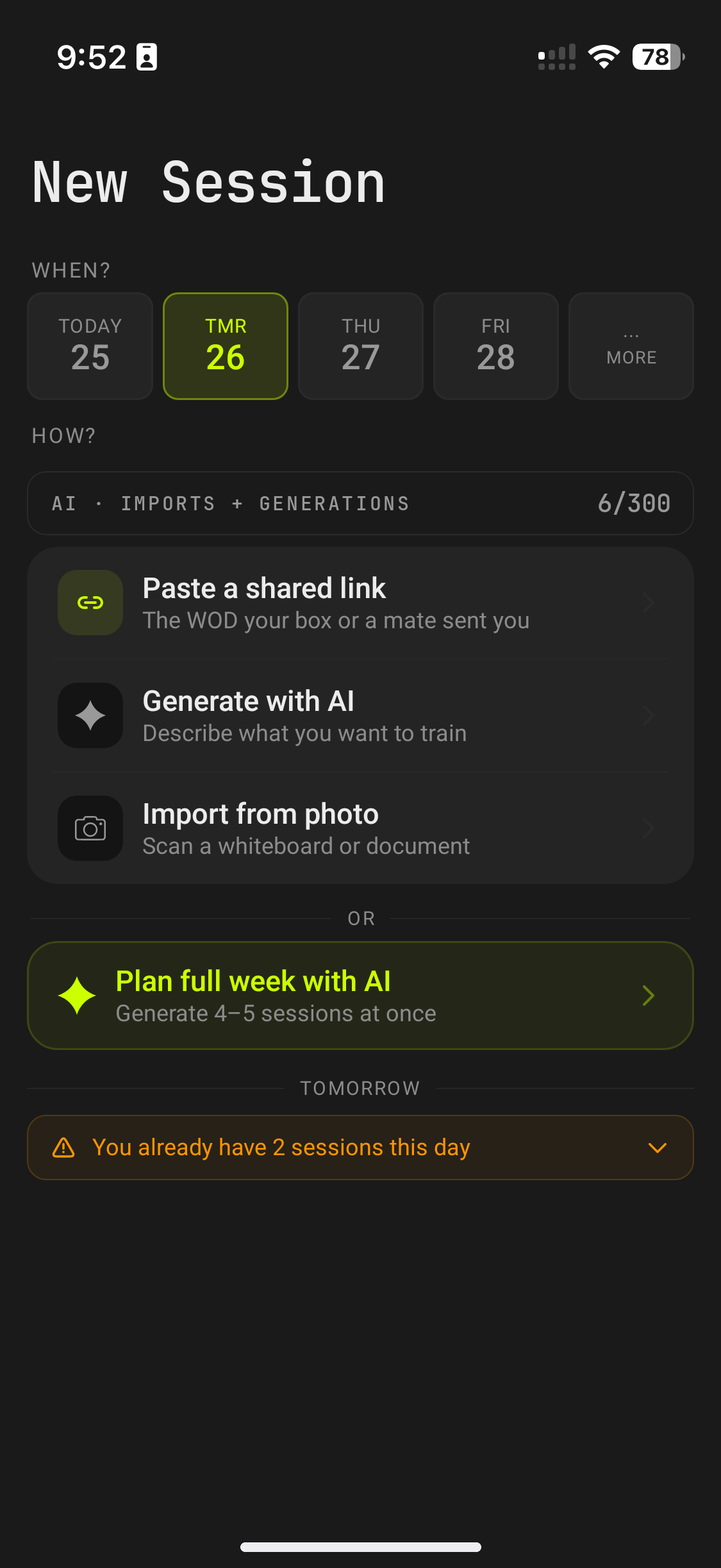 Aura new-session screen: import a WOD from a photo, a link or AI